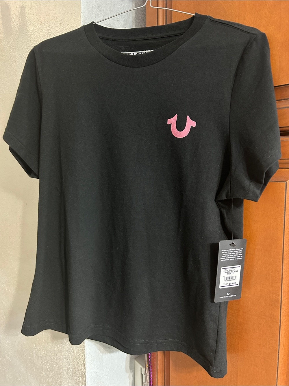 True Religion Black Short Sleeve Tee with Pink Horseshoe Logo